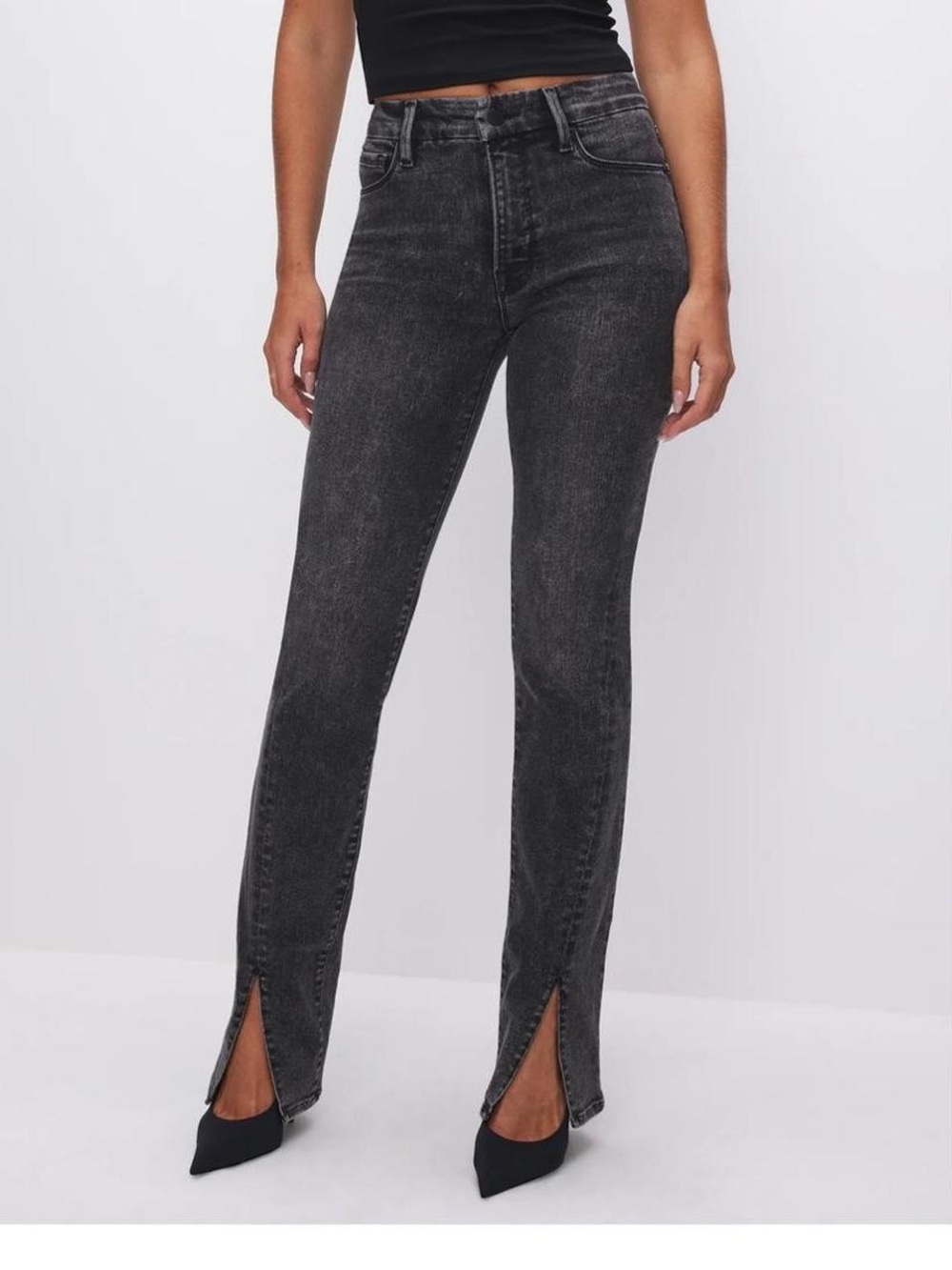 NWT🔳Good American Washed Black Straight-Leg Jeans with Front Slits🔳